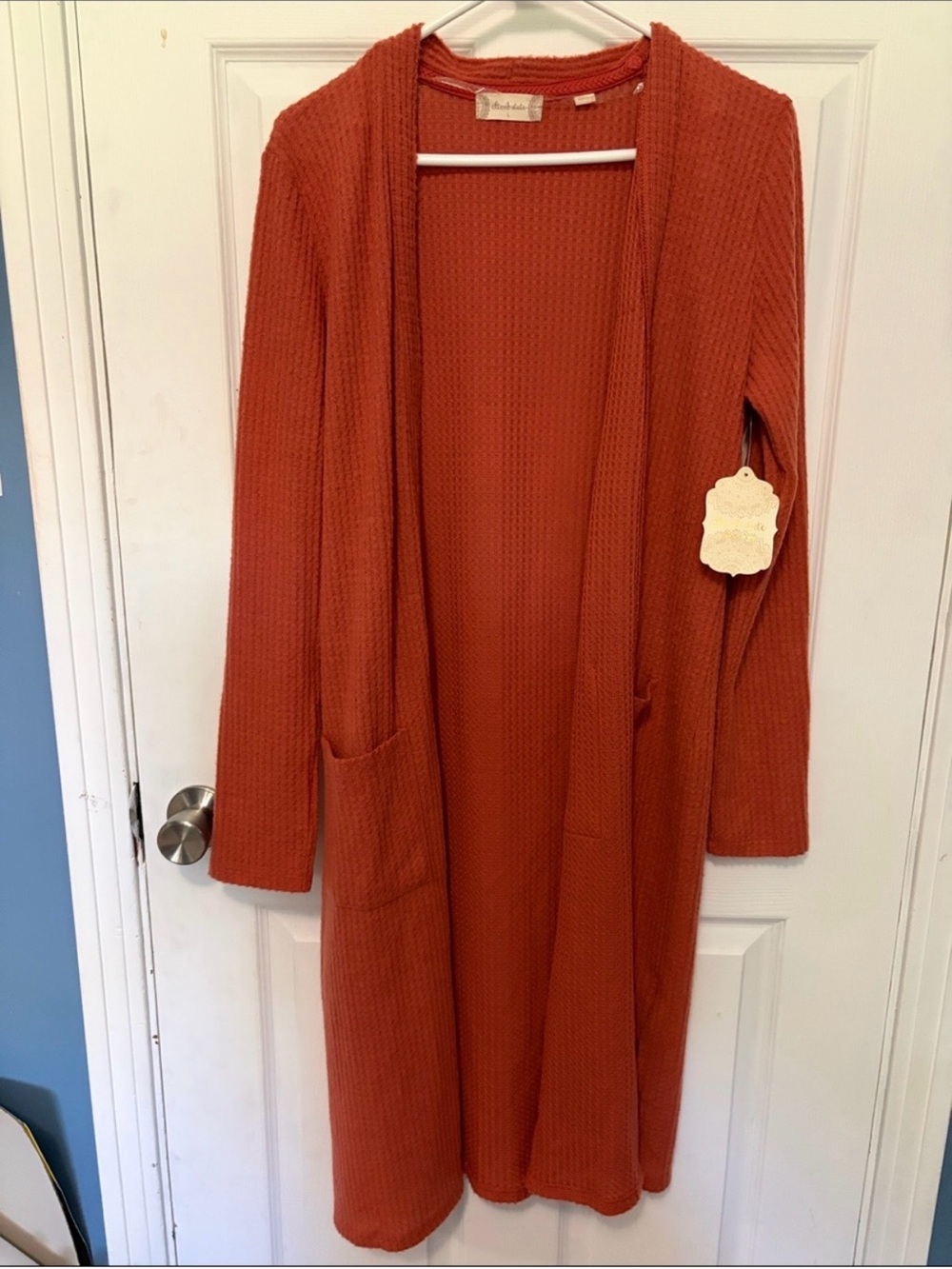 Altar’d State Long Open-Front Waffle Knit Cardigan — Rust Orange